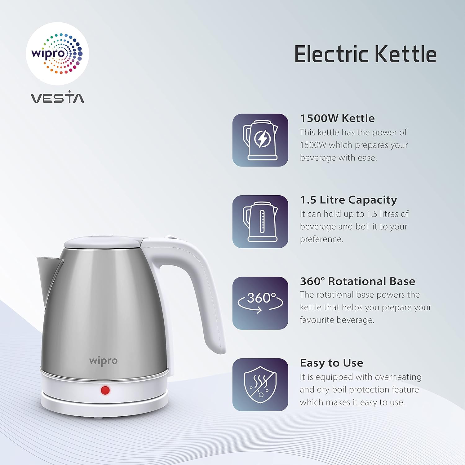 Wipro Vesta Electric Kettle Stainless Steel|1500W